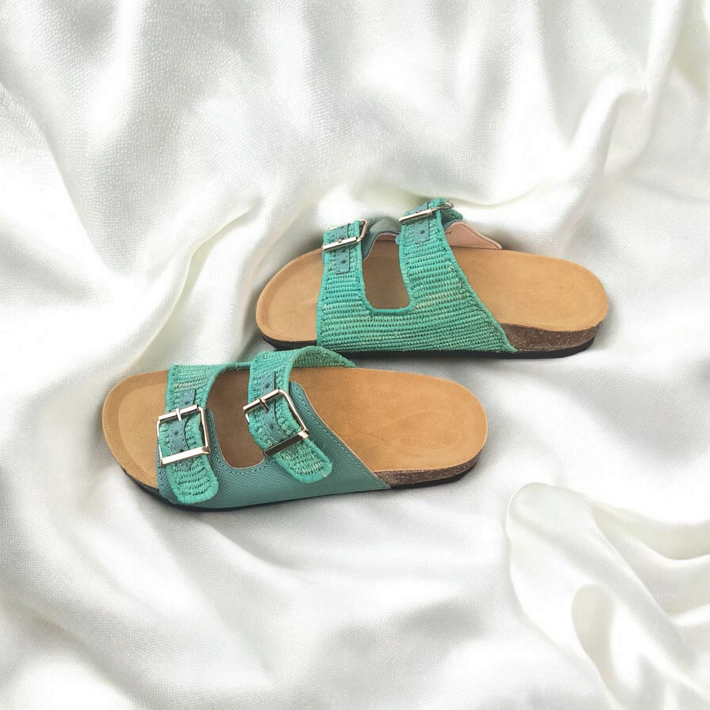green flower shadow raffia sandals – Boho Moroccan Raffia Sandals | Lightweight Travel-Friendly Footwear