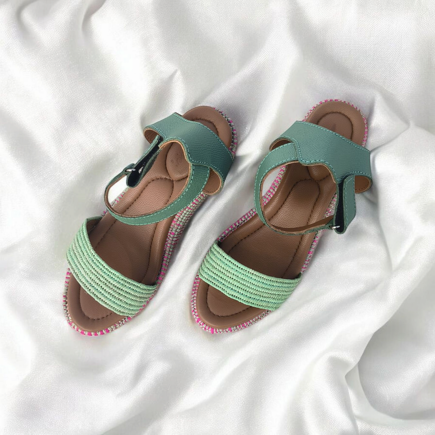 Green Rose raffia sandals Handwoven Moroccan Raffia Slippers | Elegant Indoor-Outdoor Wear