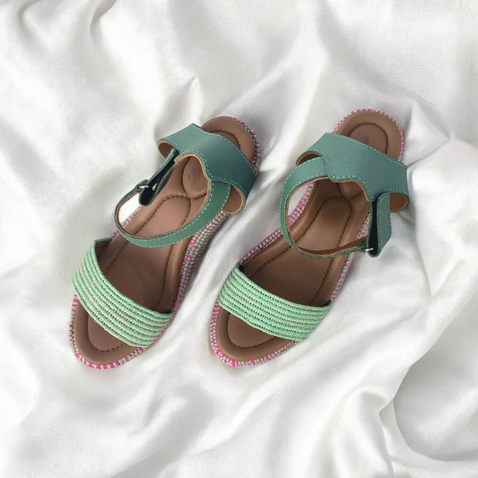 Green Rose raffia sandals Handwoven Moroccan Raffia Slippers | Elegant Indoor-Outdoor Wear