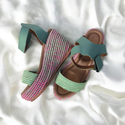 Green Rose raffia sandals Handwoven Moroccan Raffia Slippers | Elegant Indoor-Outdoor Wear