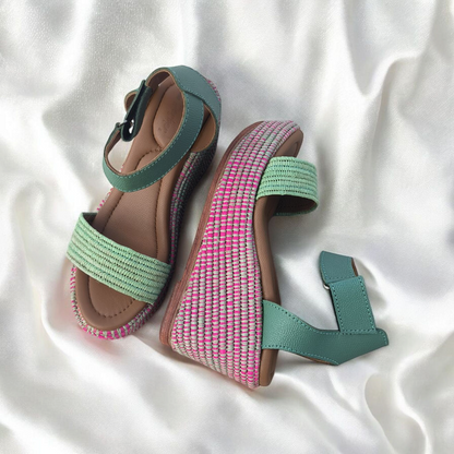 Green Rose raffia sandals Handwoven Moroccan Raffia Slippers | Elegant Indoor-Outdoor Wear